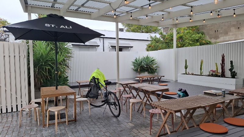Outdoor tables in the café courtyard